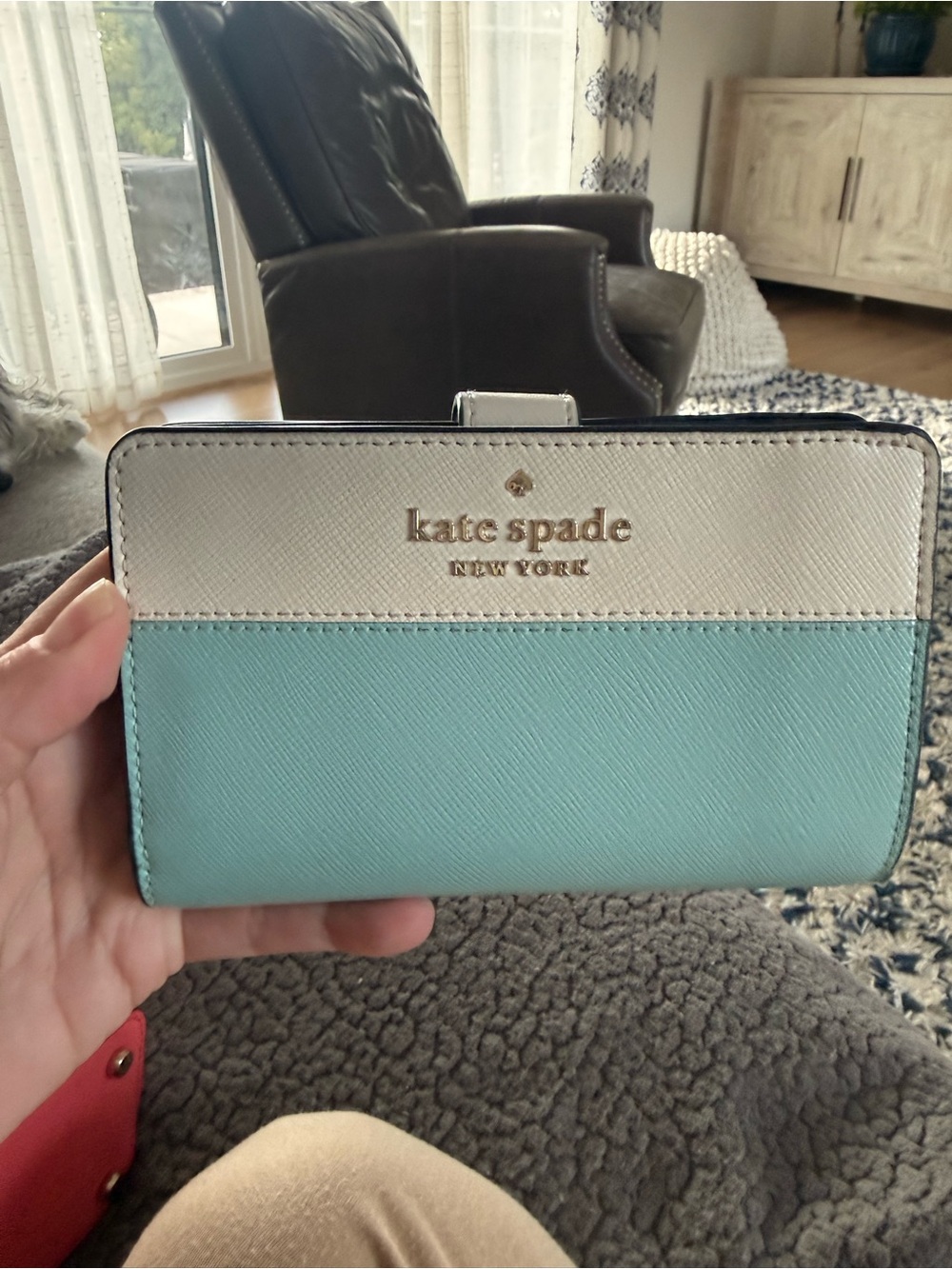 kate spade Two-Tone Mint and White Zip Wallet with Gold Logo